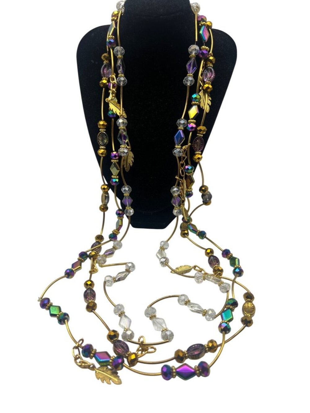 Lot Of 3 Gold Tone Glass & Metal Stretch Necklaces Leaf Charms 36" Layer Boho